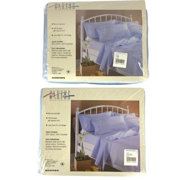 Caress For Mervyns Flat & Fitted Sheets Twin Size Pale Blue No Iron Percale 90s - Picture 2 of 2